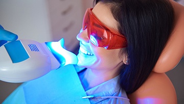 Woman smiling during in-office whitening treatment